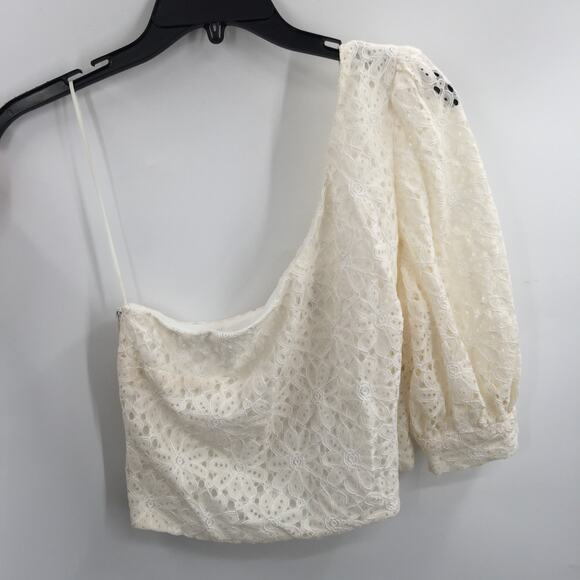 Topshop One Shoulder Lace Puff Sleeve Lined Cropped Top Side Zip Ivory Size 8 - Picture 1 of 6